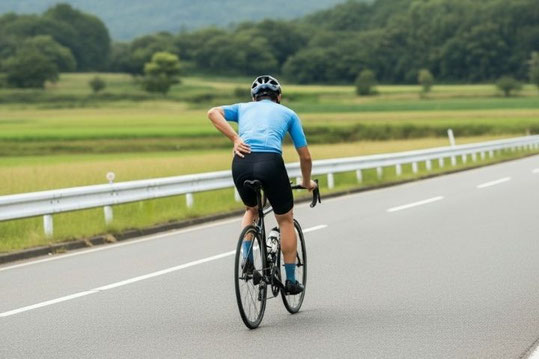 ロードバイクでの走行中、痛めている腰を左手で押さえているサイクリストの後ろ姿