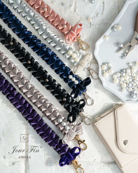 JourFin　ジュールフィン　ラブリボン　LoveRibbon　リボン　リボン教室　リボン教室芦屋　リボン　リボンワーク　リボン資格　リボンレッスン　フリルショルダー　フリルショルダーストラップ　スマホストラップ　フリルスマホストラップ　木馬リボン　MOKUBAリボン　MOKUBA　リボンショルダー ハンドメイド