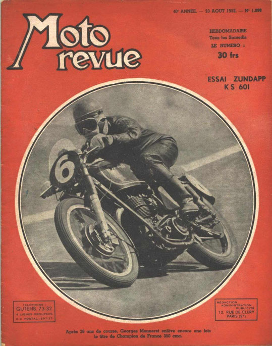 Moto Revue 23.08.1952. 4 pages. Essai KS601.