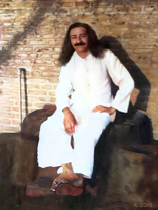 43.  Mid-1930s : Meher Baba sitting outside the kitchen at Upper Meherabad, India. Image rendition by Anthony Zois.