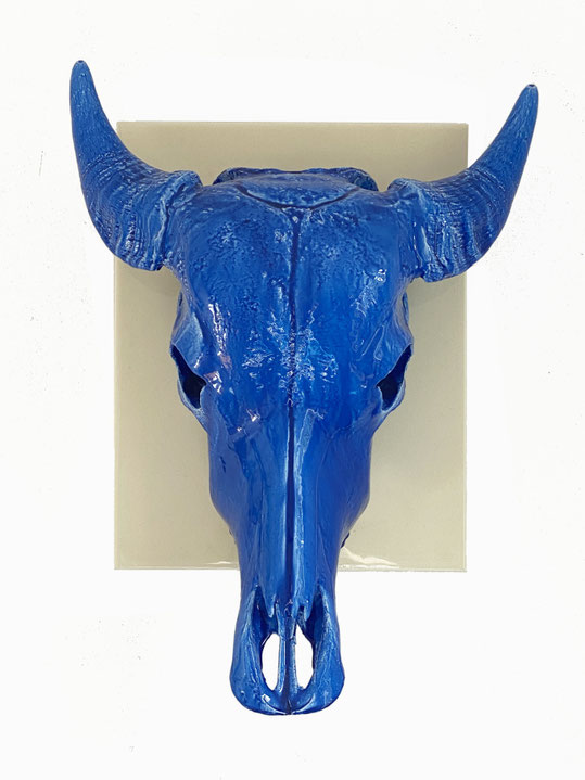 bull skull real, blue paint and epoxy resin