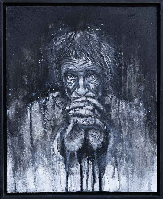 SILENT PAIN, originales Urban Art Kunstwerk von Alltich, ausdrucksstarkes Schwarz-Weiß-Porträt voller Verletzlichkeit und Schmerz, Mixed Media mit Sprühlack, Acryl, Tusche und Kreide auf Hartfaserplatte