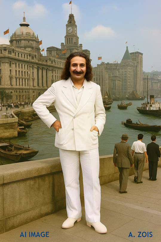 This AI image shows Meher Baba in Shanghai, China having arrived from Honolulu, Hawaii. Image produced by Anthony Zois.