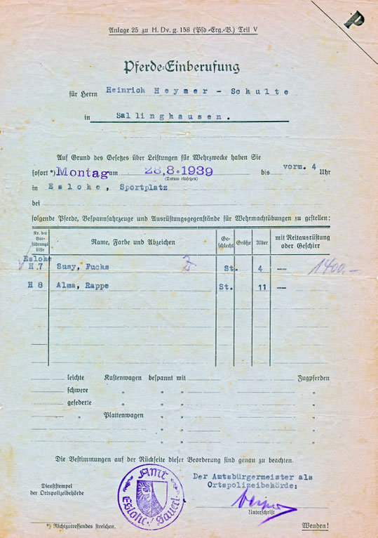 Einberufungsorder für den 28. August 1939. Der elfjährige Rappe "Alma" wurde ausgemustert.