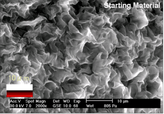 写真-5.2 環境制御型走査型電子顕微鏡(ESEM)を用いた山形県月布産の精製モンモリロナイト・Kunipia-F の微細形態画像