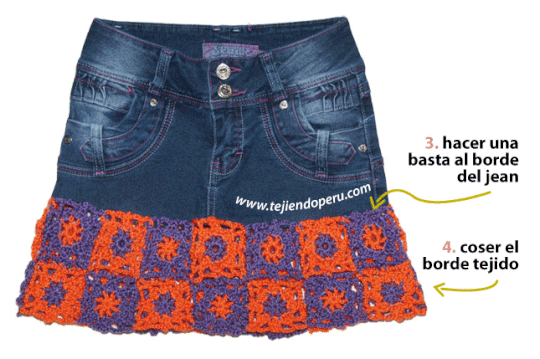 falda jean reciclada con borde a crochet