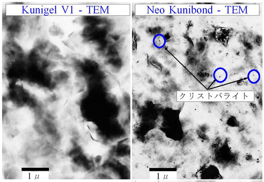 写真-5.3 透過型電子顕微鏡（TEM）を用いた山形産Kunigel V1 とNeo Kunibond の微細形態画像