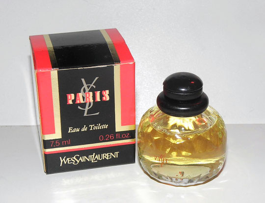 PARIS - EAU DE TOILETTE 7,5 ML - MINIATURE IDENTIQUE A LA PRECEDENTE  : AVEC  BOUCHON ENTIEREMENT NOIR EN PLASTIQUE, CLIPE