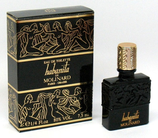 MOLINARD - HABANITA : EAU DE TOILETTE 7,5 ML - FLACON NOIR LALIQUE, BOUCHON PLASTIQUE DORE