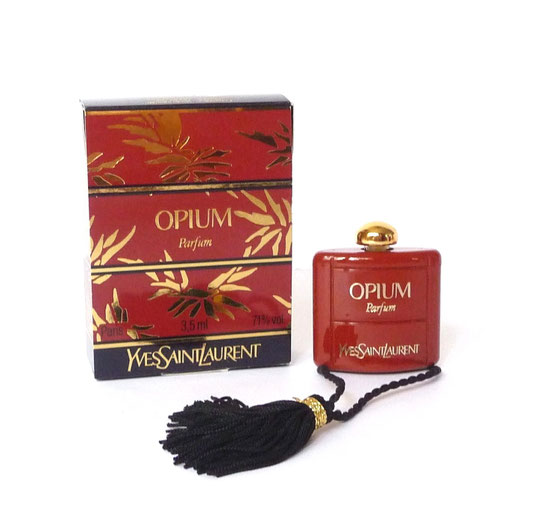 OPIUM - PARFUM 3,5 ML  : MINIATURE MUNIE D'UNE FLOCHE NOIRE, AVEC BOUCHON EN PLASTIQUE DORE, DANS BOÎTE A RABAT