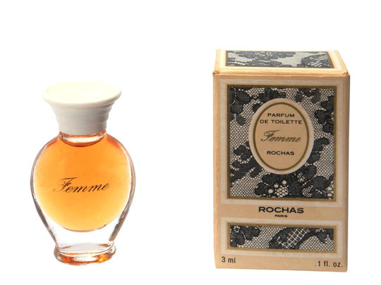 FEMME - PARFUM DE TOILETTE 3 ML : FLACON AMPHORE LARGE, SERIGRAPHIE OR - BOUCHON BLANC EN PLASTIQUE - MINIATURE IDENTIQUE A LA PRECEDENTE PHOTO