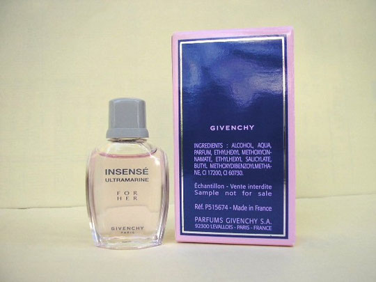 3) INSENSE ULTRAMARINE FOR HER - EAU DE TOILETTE 7 ML - 2005 - VERSO DE LA BOÎTE MENTIONNANT "ECHANTILLON - VENTE INTERDITE"