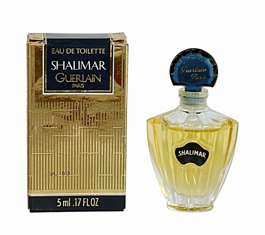 SHALIMAR - EAU DE TOILETTE 5 ML : MINIATURE AVEC BOUCHON EN VERRE ET ETIQUETTE BLEUE EN FACADE