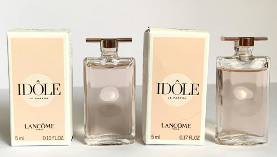 3) IDÔLE LE PARFUM 5 ML : LES DEUX MINIATURES DIFFERENTES PAR LEURS BOÎTES