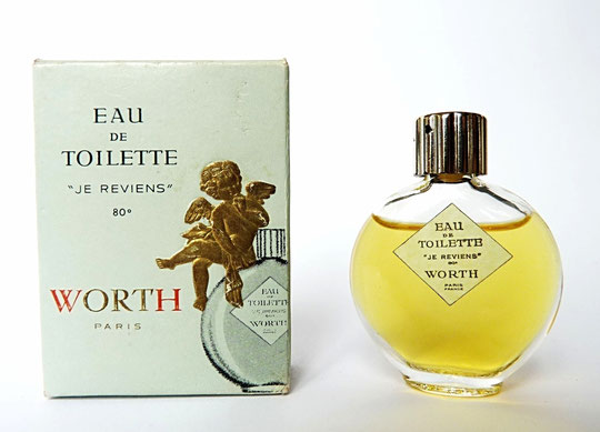 JE REVIENS - EAU DE TOILETTE 80° - FLACON LENTICULAIRE, AVEC  BOUCHON PLASTIQUE DORE BOÎTE A L'ANGELOT - ETIQUETTE LOSANGE SUR LE FLACON