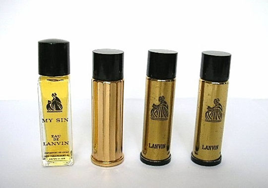 JEANNE LANVIN - ANCIENS PETITS FLACONS POUR LE SAC : A GAUCHE MY SIN EAU DE LANVIN DANS FLACON EN VERRE