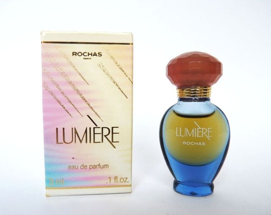 LUMIERE : FLACON AMPHORE EN VERRE TEINTE BLEU DEGRADE - EAU DE PARFUM 3 ML - BOUCHON PLASTIQUE ROSE FONCE