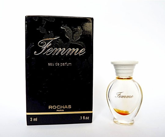 FEMME - EAU DE PARFUM : FLACON AMPHORE SERIGRAPHIE DOREE, BOUCHON PLASTIQUE BLANC. MINIATURE IDENTIQUE A CELLE DE LA PHOTO PRECEDENTE