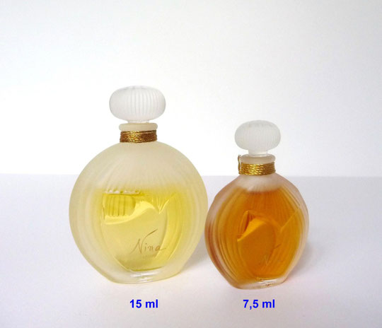 NINA - 1ère VERSION : 2 FLACONS NON VAPORISATEURS, PARFUM AVEC BOUCHON BOULE STRIE EN VERRE - CONTENANCE 15 & 7,5 ML - FABRICATION LALIQUE