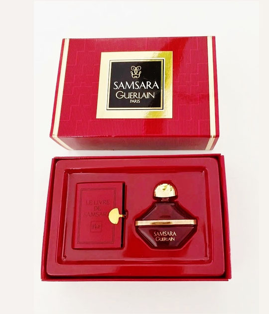 1988 - PETIT COFFRET SAMSARA CONTENANT :  UNE MINIATURE PARFUM 2 ML 1& UN PETIT LIVRET ROUGE SAMSARA