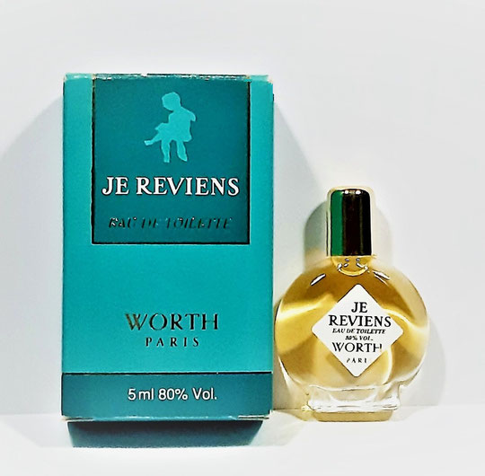 JE REVIENS - EAU DE TOILETTE 5 ML 80 % - PETITE MINIATURE SUR PIED, AVEC BOUCHON DORE LISSE - ETIQUETTE LOSANGE AU CENTRE