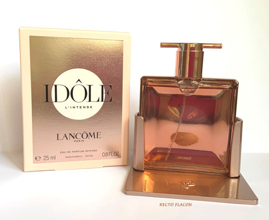 2020 - IDÔLE L'INTENSE : EAU DE PARFUM INTENSE 25 ML : RECTO DU FLACON EN VERRE TRANSPARENT