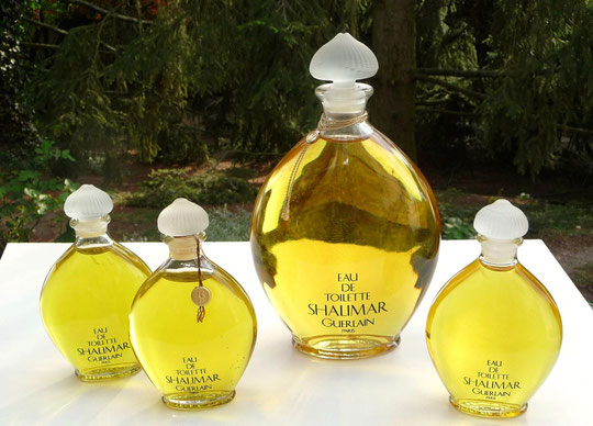 1924 - SHALIMAR - EAU DE TOILETTE : 4 FLACONS DITS "GOUTTE" DE DIFFERENTES TAILLES