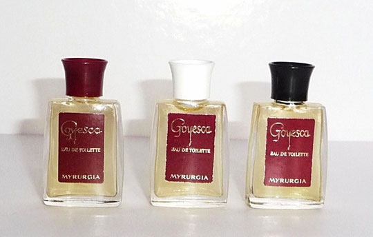MYRURGIA - GOYESCA : 3 MINIATURES EAU DE TOILETTE DIFFERENTES - BOUCHONS  BORDEAUX, BLANC & NOIR