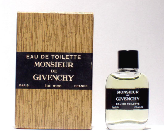 MONSIEUR DE GIVENCHY - EAU DE TOILETTE : BOÎTE FACON BOIS, MINIATURE AVEC ETIQUETTE-CEINTURE