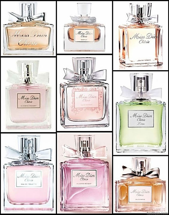 TABLEAU REPRENANT TOUS LES DIFFERENTS FLACONS SORTIS POUR LA FRAGRANCE MISS DIOR CHERIE