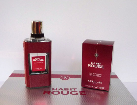 HABIT ROUGE : FLACON EAU DE PARFUM 100 ML RECOUVERT DE CUIR ROUGE & SAVON PARFUME