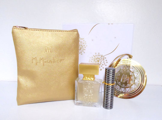 NOËL 2019 - TROUSSE DOREE CONTENANT UN VAPORISATEUR EAU DE PARFUM CONTENANT DE LA NACRE, UN VAPORISATEUR DE SAC NOIR ET UNE BOULE DE NOËL