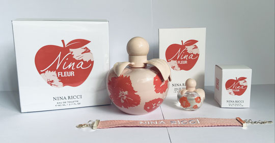 2022 - NINA FLEUR : UNE PARTIE DE LA GAME : FLACON VAPORISATEUR 80 ML; ECHANTILLON-TUBE, MINIATURE ET BRACELET