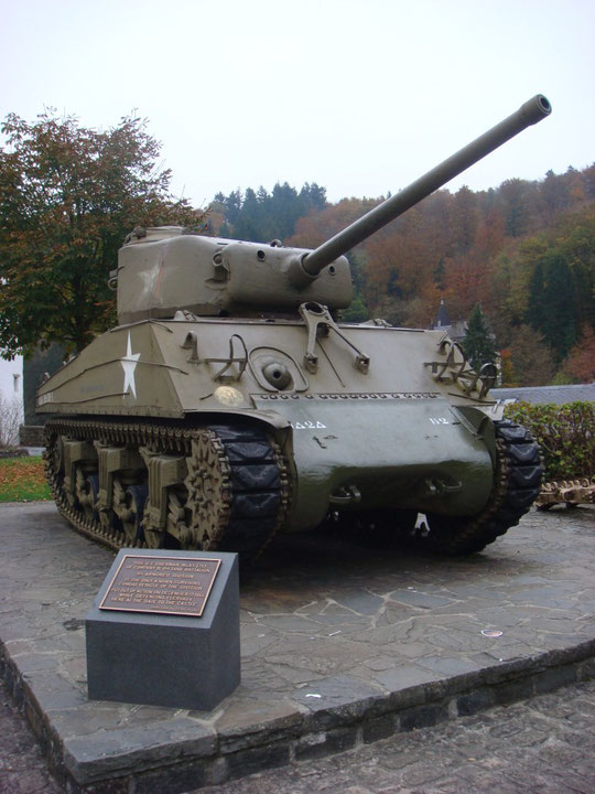 This US M4A3 (76) Sherman of CompanyB, 2nd Tank Battalion, 9th Armored Division is the only known surviving combat vehicle of the division. It was put out of action on December 17, 1944 while defending Clervaux here at the gate of the castle