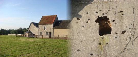 Sniper nest in the B&B Delaunay Farm at Les Droueries named Blazing Sky B & B near Haute Addeville with the bullet riddled "sniper hole" in the side of the building.