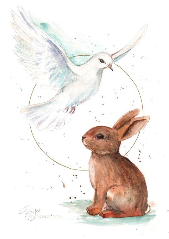 Kaninchen, Hase, Taube, pigeon, dove, liebe, Liebespaar, Heiliger Geist, Aquarell, watercolour, watercolor, illustration, Kunst, art, artwork, Kinderillustration, süßes Bild, Malerei, painting