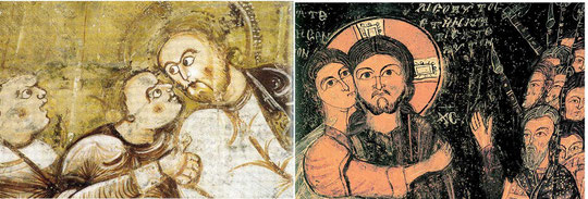 Baiser de Judas, à Vic dans l'Indre, 12e s.         Baiser de Judas à Gülsehir en Cappadoce, 10e s.