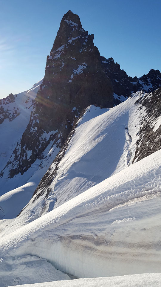 Photo réalisée hier matin à près de 3600m sur l'itinéraire qui monte au Râteau depuis le Promontoire, par l'Arête Nord Est : une belle vue sur la face ouest de la Reine Meije et ses grandes  parois nord et sud. Merci à Allan Métailler pour la photo !