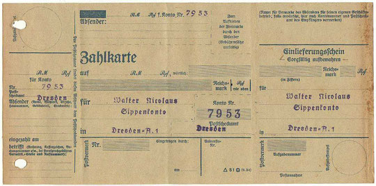 Zahlkarte für Konto des Sippenverbandes Nicolaus