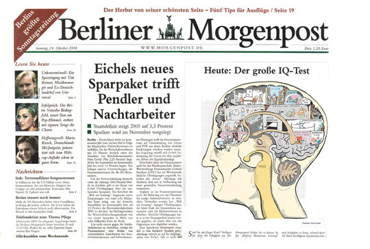 Intelligenztests sind in der Mode. Die Berliner Morgenpost gab in einer Beilage einen Intelligenztest heraus, der auf dem Cover durch eine Illustration angekündigt wurde.