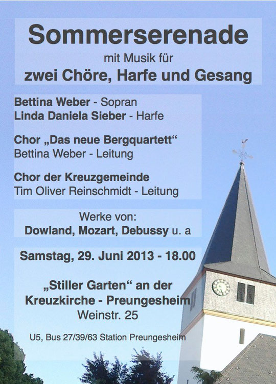 Sommerserenade 2013 mit 2 Chören, Gesang und Harfe, im Stillen Garten neben der Kreuzkirche in Frankfurt-Preungesheim