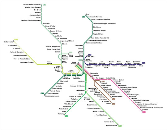 The Lazio regional railways network [Quelle: By Arbalete - Own work, CC BY-SA 4.0, https://commons.wikimedia.org/w/index.php?curid=46939860]