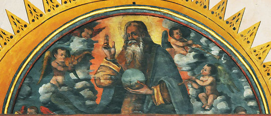 La lunette du retable - Dieu tenant le globe terrestre au paysage marin