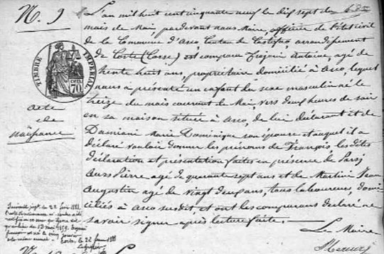 Extrait de l'acte de naissance de François Trojani
