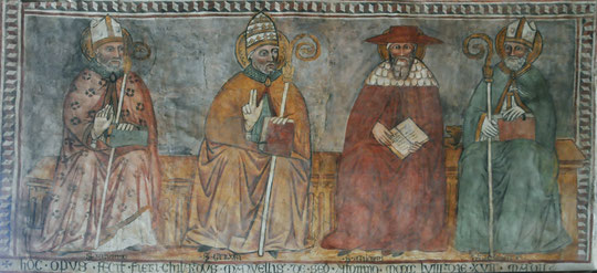Aregno - Chapelle de la Trinité - Les 4 docteurs de l'église : de gauche à droite, Augustin, Grégoire, Jérôme et Ambroise - fresque de 1458