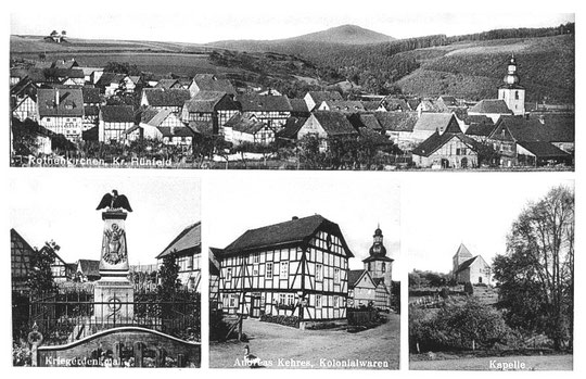 Oben: Rothenkirchen, Gesamtansicht. Unten: Kriegerdenkmal 1870/71, ehemalige Synagoge in der Brunnenstraße, Markuskapelle (eine der ältesten Kirchenbauten in Hessen)