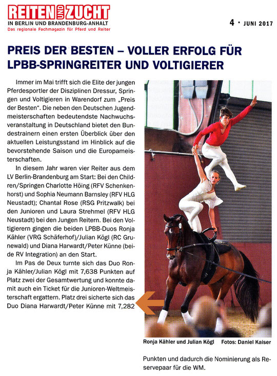 Dritter Platz beim "Preis der besten" in Warendorf für Volti-Duo des RVI, erschienen in der Juni Ausgabe "Reiten und Zucht"