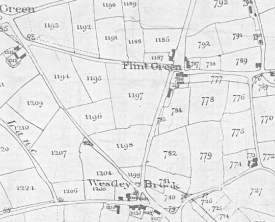 Westley Road on the 1840s Tithe map. 1194-6 belong to Waterhouse, 1197-9 to Cook