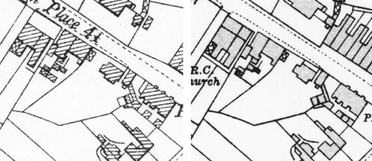 The buildings from the drive to Wellesbourne House to the Spread Eagle, 1904 and 1916 O.S. 25 inch maps