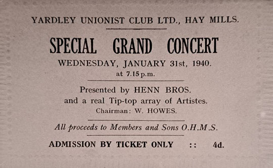 Notice for a wartime concert at the Unionist Club (Hay Mills Project)